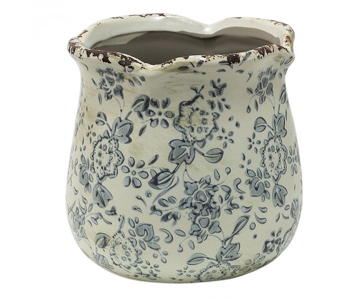 Retro květináč se šedými květy a popraskáním Alana M - Ø 15*14 cm Clayre & Eef