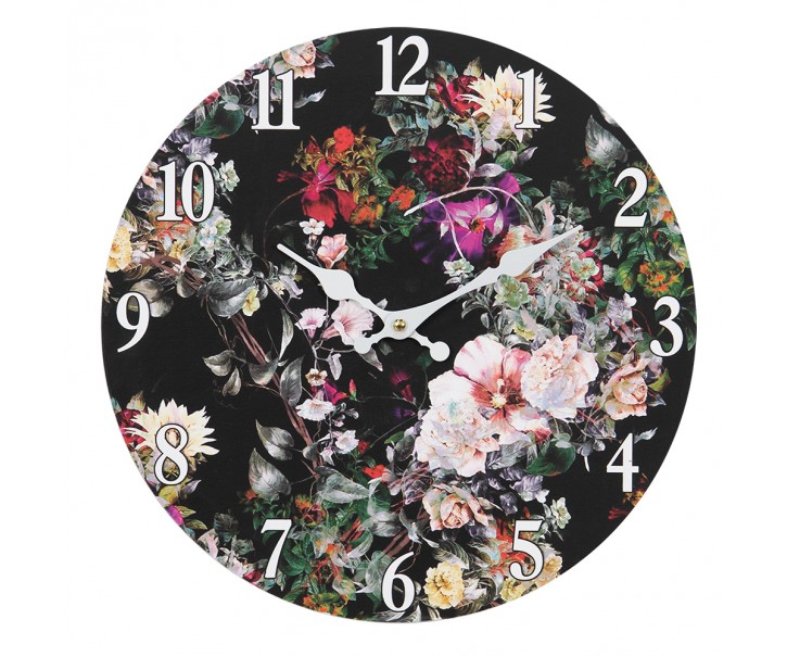 Černé nástěnné vintage hodiny s květy I – Ø 34*4 cm / 1*AA Clayre & Eef