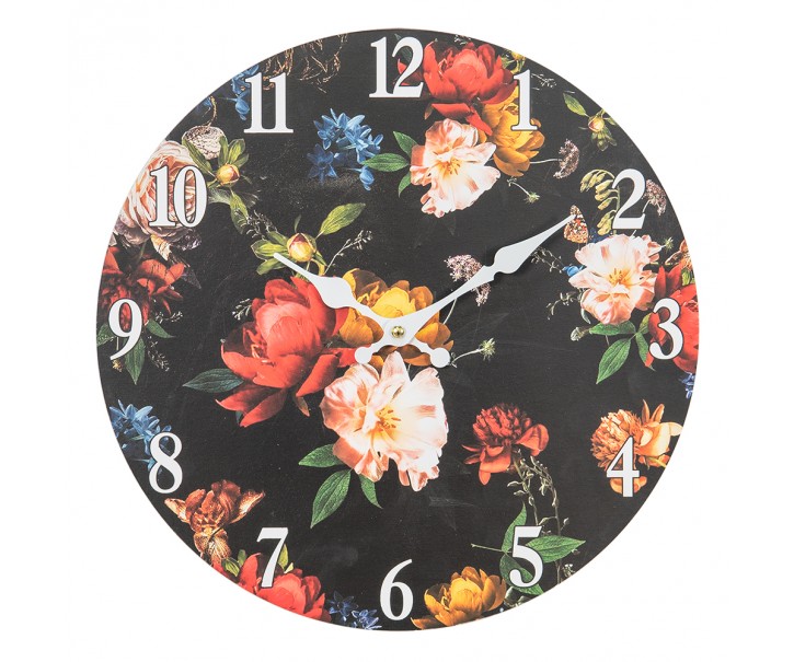 Černé nástěnné vintage hodiny s květy – Ø 34*4 cm / 1*AA Clayre & Eef