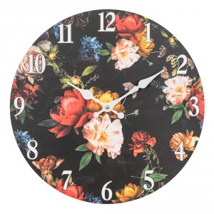 Černé nástěnné vintage hodiny s květy – Ø 34*4 cm / 1*AA