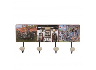 Nástěnný kovový věšák se 4-mi háčky Route 66 - 40*7*18 cm