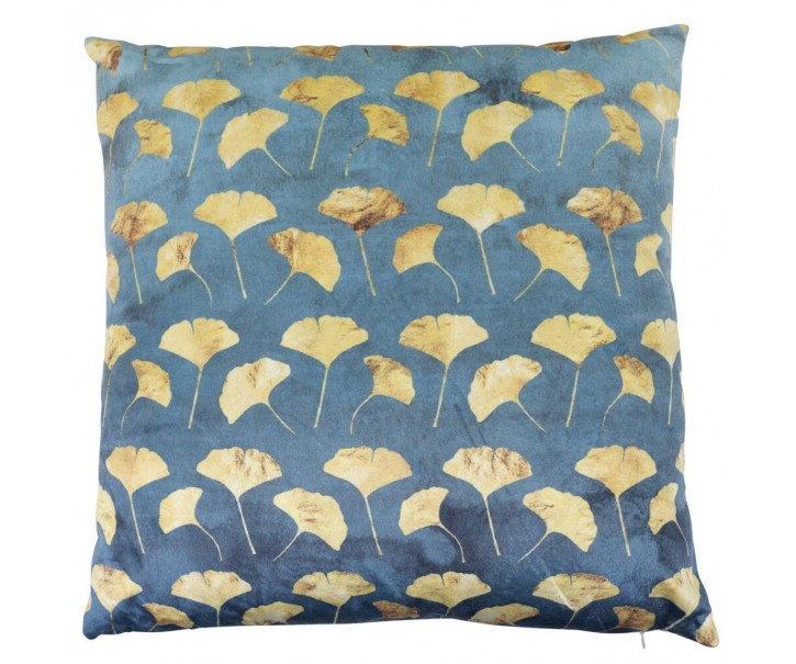 Modrý sametový polštář se zlatými listy ginko - 45*45*10cm Mars & More 
