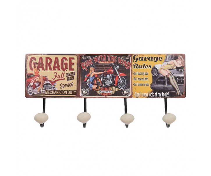 Nástěnný kovový věšák se 4-mi háčky Garage - 40*7*18 cm Clayre & Eef