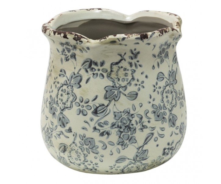 Retro květináč se šedými květy a popraskáním Alana S - Ø 12*12 cm Clayre & Eef