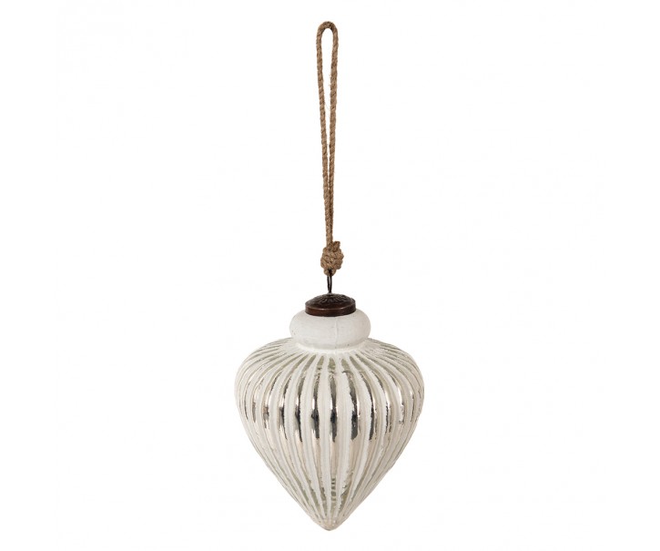 Bílo-stříbrná antik skleněná šiška Ridges white - Ø13*17 cm Clayre & Eef