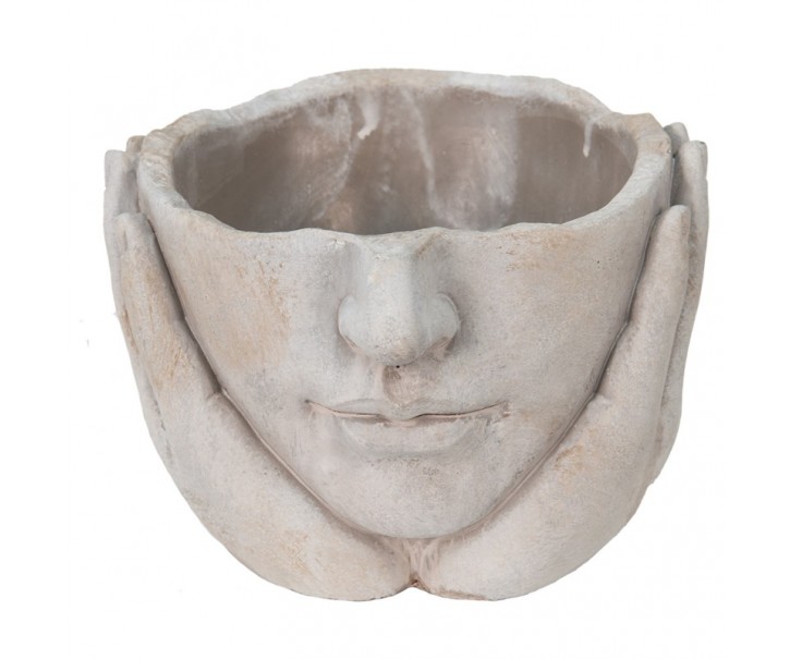 Béžovo-šedý cementový květináč ruce podpírající obličej - 18*18*13 cm Clayre & Eef