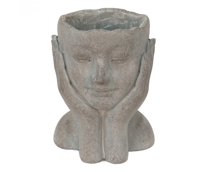 Šedý cementový květináč hlava ženy v dlaních - 16*16*22 cm Clayre & Eef