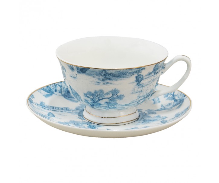 Bílo-modrý porcelánový šálek s podšálkem - Ø 10*6 / Ø 15*2 cm / 250 ml Clayre & Eef