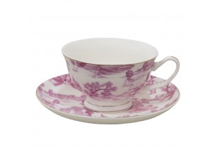 Bílo-růžový porcelánový šálek s podšálkem Chateau - Ø 10*6 / Ø 15*2 cm / 250 ml