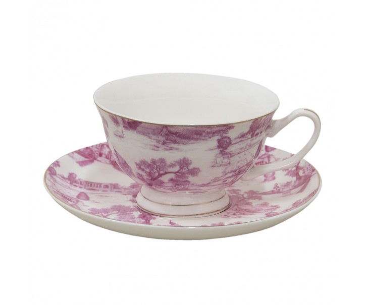 Bílo-růžový porcelánový šálek s podšálkem - Ø 10*6 / Ø 15*2 cm / 250 ml Clayre & Eef