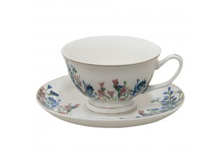 Porcelánový šálek s podšálkem a květy Floweries - 12*10*6 cm / Ø 15*2 cm / 250 ml