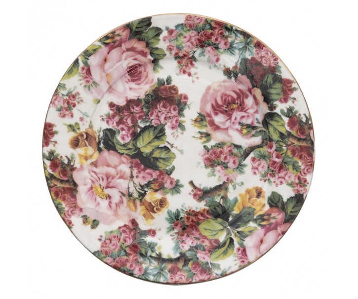 Porcelánový dezertní talířek s květy a zlatou linkou Pink Flowers - Ø 21*2 cm
