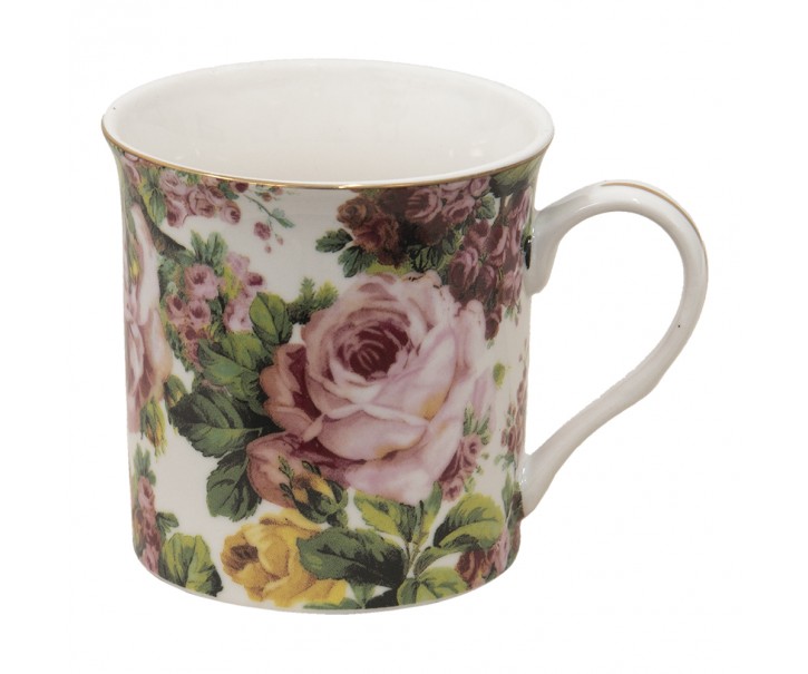 Porcelánový hrnek s květy a zlatou linkou Pink Flowers - 12*8*9 cm / 330 ml Clayre & Eef