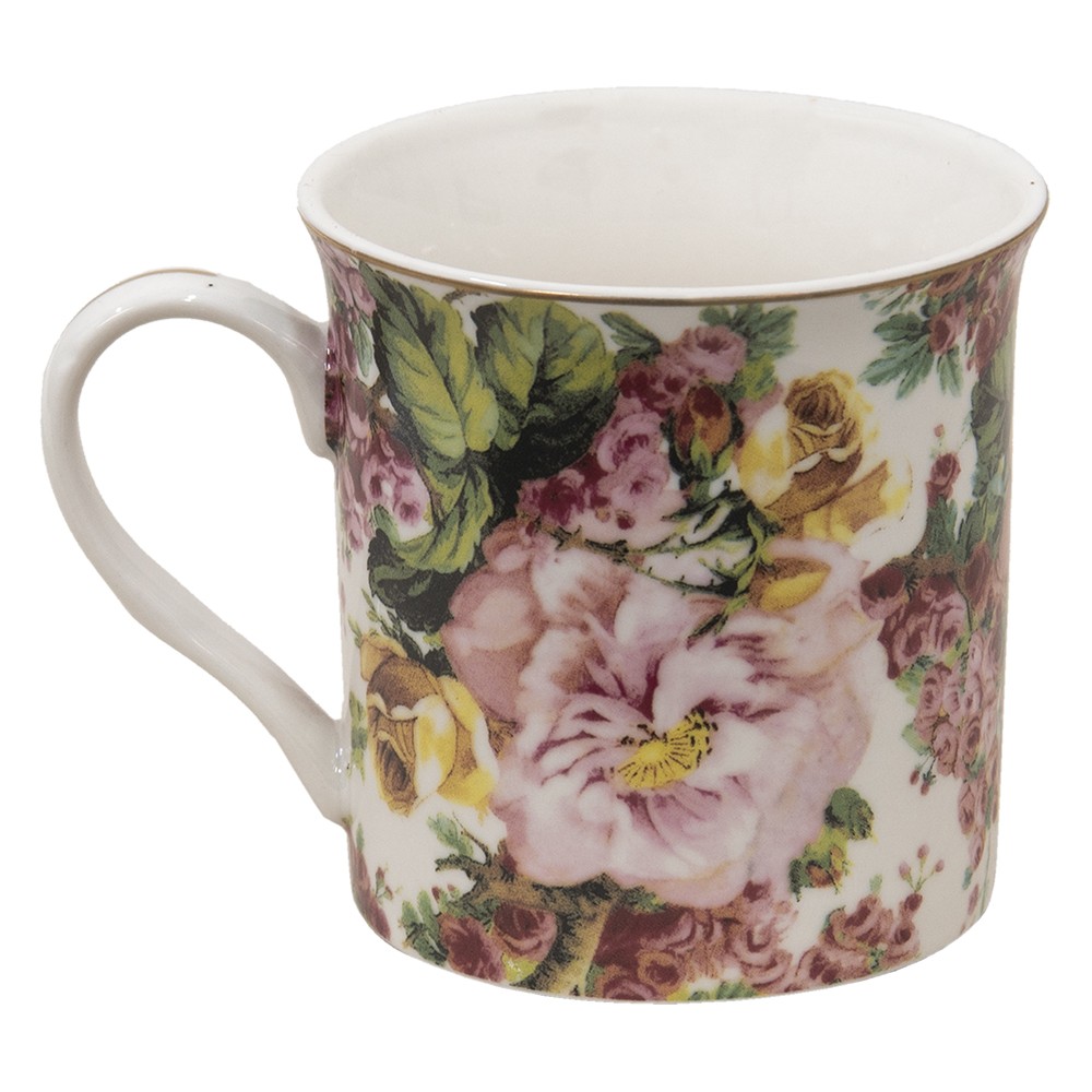 Porcelánový hrnek s květy a zlatou linkou Pink Flowers - 12*8*9 cm / 330 ml Clayre & Eef Porcelánový hrnek s květy a zlatou linkou Pink Flowers - 12*8*9 cm / 330 ml Clayre & Eef