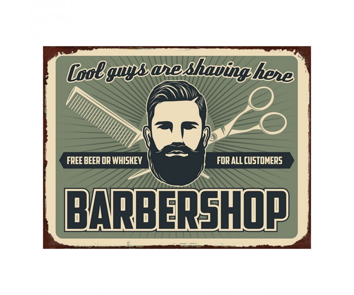 Zelená nástěnná kovová cedule Barber Shop - 33*1*25 cm Clayre & Eef