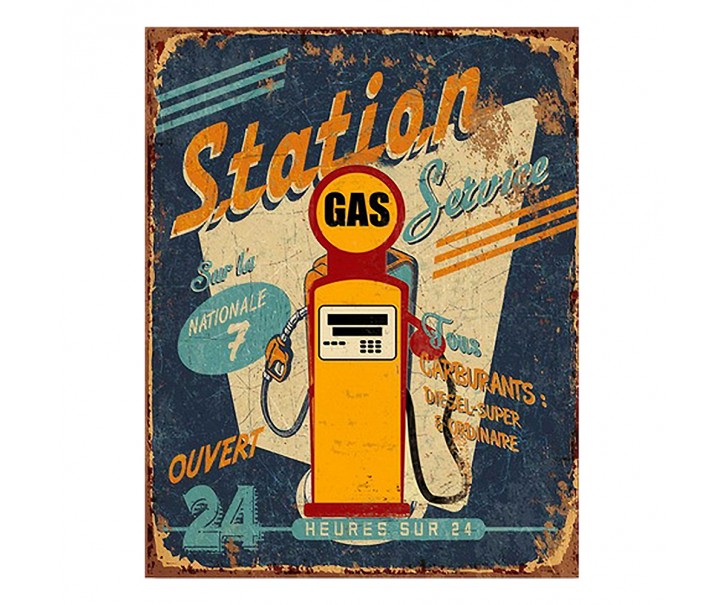 Modrá nástěnná cedule Station Gas - 25*1*33 cm Clayre & Eef
