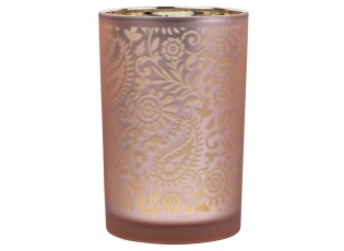 Růžovo stříbrný skleněný svícen s ornamenty Paisley vel.L - Ø 12*18cm