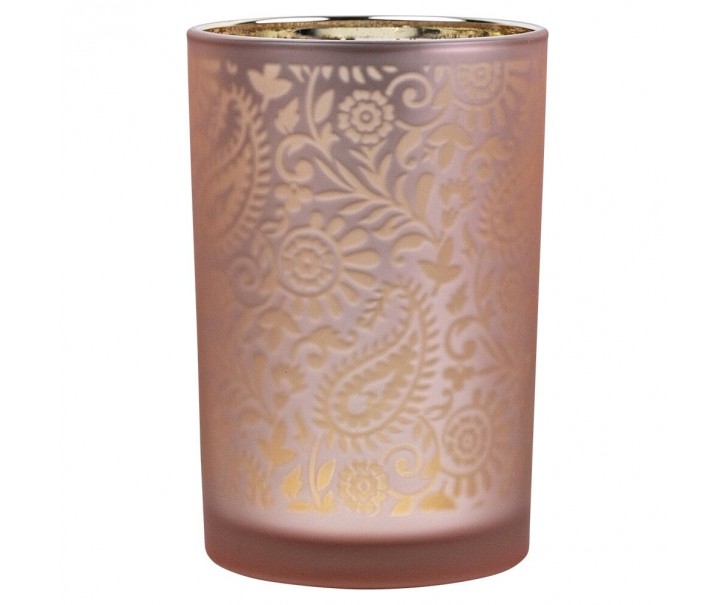 Růžovo stříbrný skleněný svícen s ornamenty Paisley vel.L - Ø 12*18cm Mars & More 