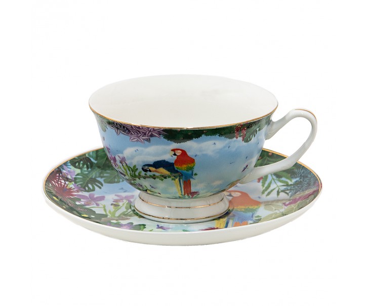 Porcelánový šálek s podšálkem s papoušky Papagai - 12*10*6 cm / Ø 15*2 cm / 200 ml Clayre & Eef