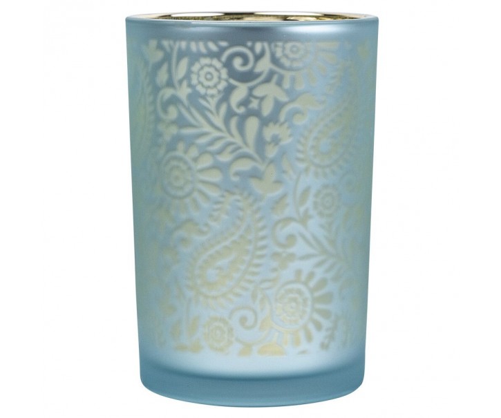 Modro stříbrný skleněný svícen s ornamenty Paisley vel.L - Ø12*18cm Mars & More 
