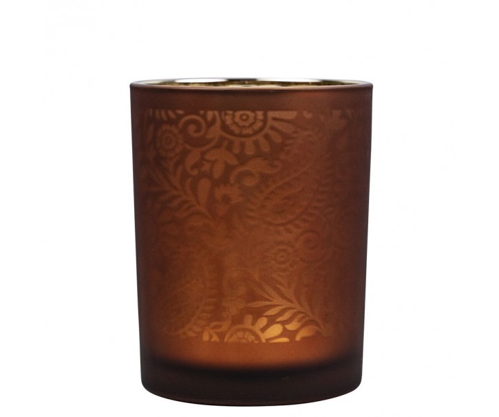 Oranžovo stříbrný skleněný svícen s ornamenty Paisley vel.M - Ø10*12,5cm Mars & More 