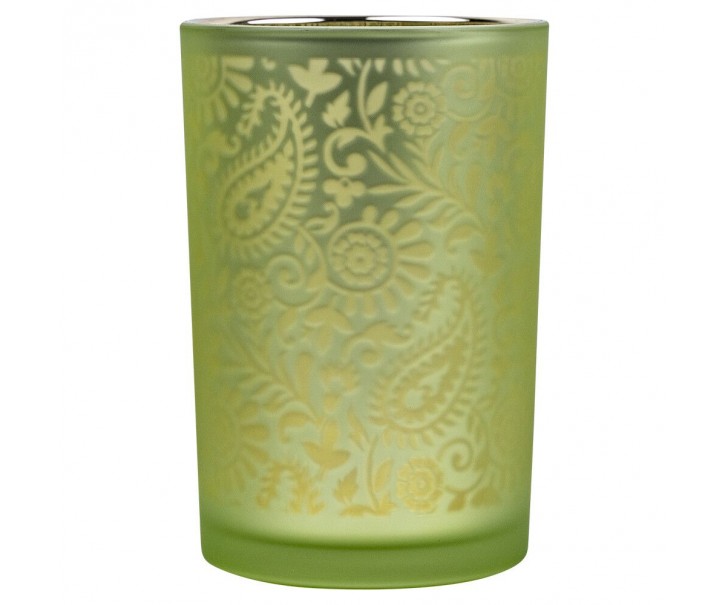 Zeleno stříbrný skleněný svícen s ornamenty Paisley vel.L - Ø12*18cm Mars & More 