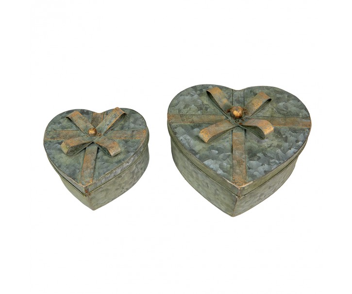 2ks dekorační antik plechové boxy srdce s mašlemi - 24*22*14 / 18*16*11 cm Clayre & Eef