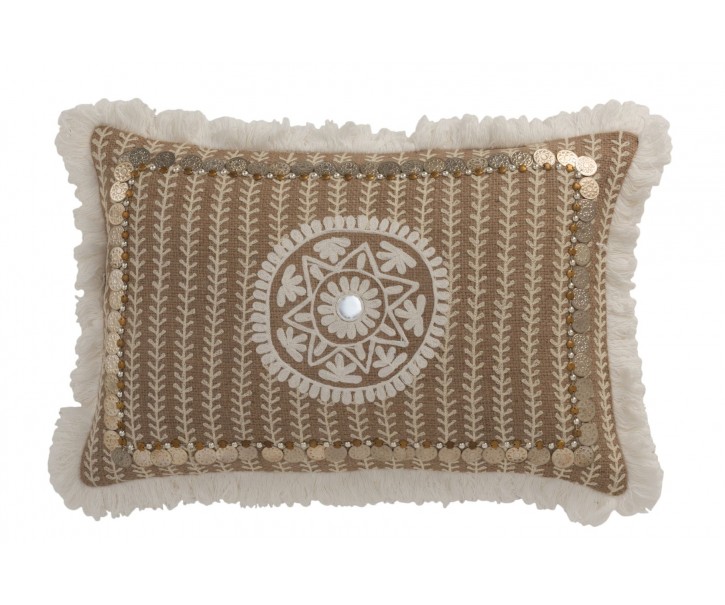 Hnědý jutový polštář s třásněmi a penízky Jute natural - 49*12*31cm J-Line by Jolipa
