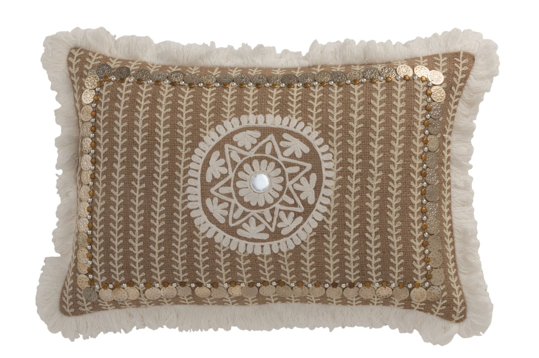 Hnědý jutový polštář s třásněmi a penízky Jute natural - 49*12*31cm