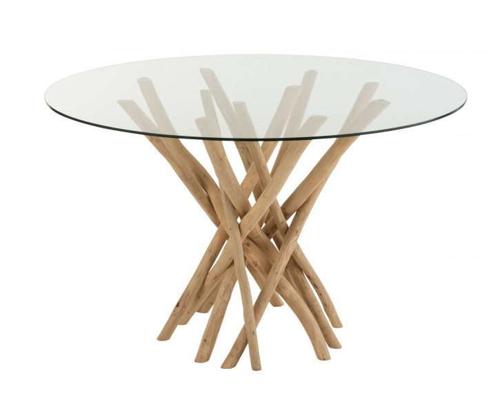 Jídelní kulatý dřevěný stůl se skleněnou deskou Branches - Ø120*75 cm