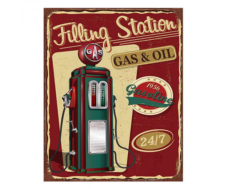 Červená nástěnná kovová cedule Station Gas & Oil - 20*1*25 cm Clayre & Eef