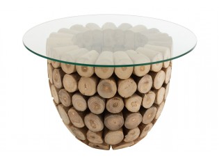 Přírodní konferenční stůl z teakových špalíků a skleněné desky Disos - Ø70*45cm