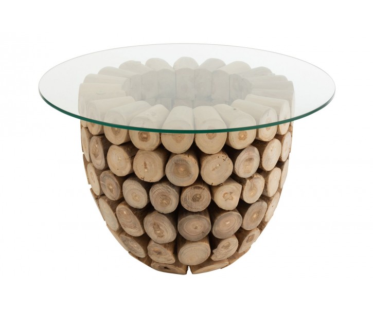Přírodní konferenční stůl z teakových špalíků a skleněné desky Disos - Ø70*45cm J-Line by Jolipa