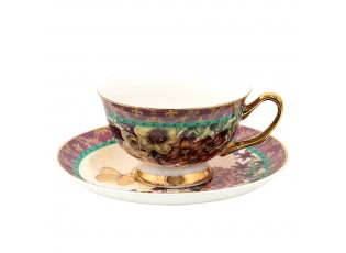 Porcelánový šálek s podšálkem s květy a motýlky - 12*10*6 cm / Ø 15*2 cm / 200 ml