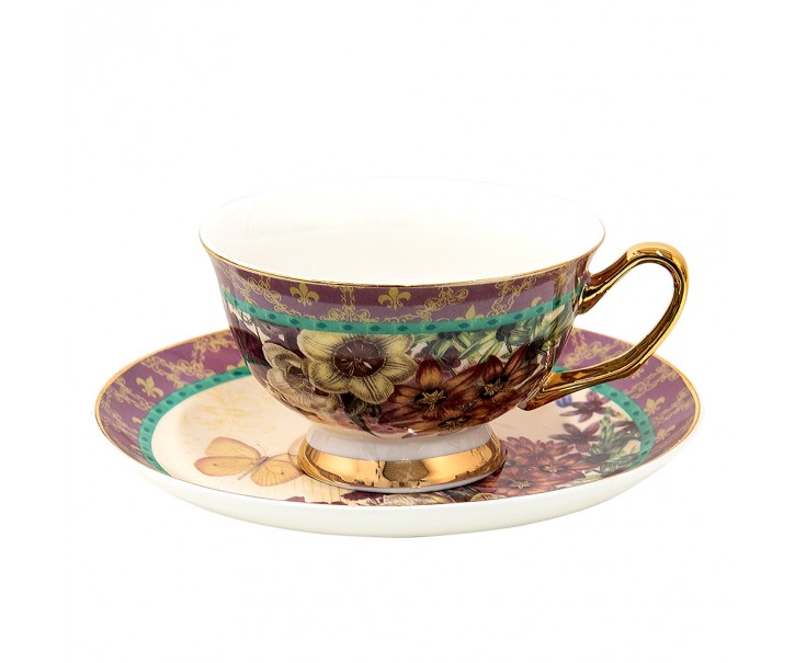 Porcelánový šálek s podšálkem s květy a motýlky - 12*10*6 cm / Ø 15*2 cm / 200 ml Clayre & Eef