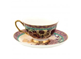 Porcelánový šálek s podšálkem s květy a motýlky - 12*10*6 cm / Ø 15*2 cm / 200 ml