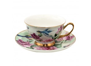 Porcelánový šálek s podšálkem s květy a ptáčky Pié - 12*10*6 cm / Ø 15*2 cm / 200 ml