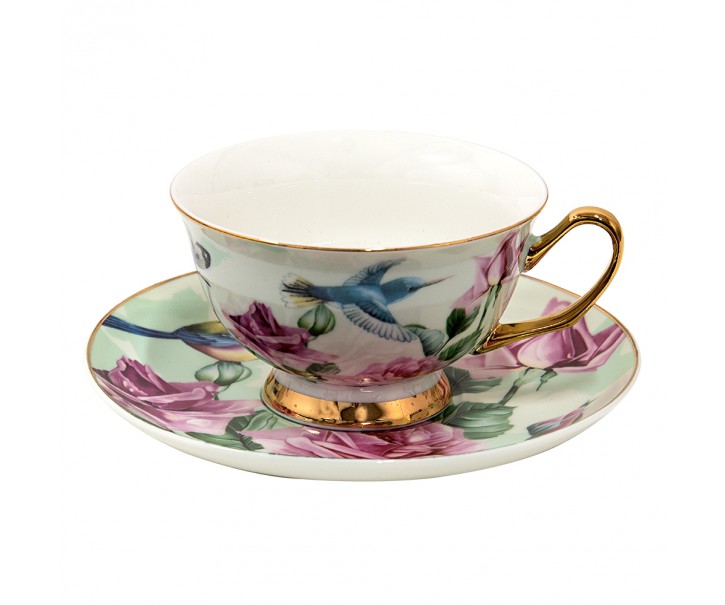 Porcelánový šálek s podšálkem s květy a ptáčky - 12*10*6 cm / Ø 15*2 cm / 200 ml Clayre & Eef