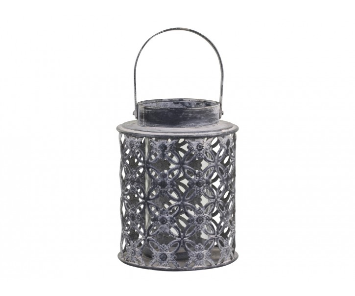 Šedá plechová antik lucerna s květy Ornion - Ø14*18cm Chic Antique