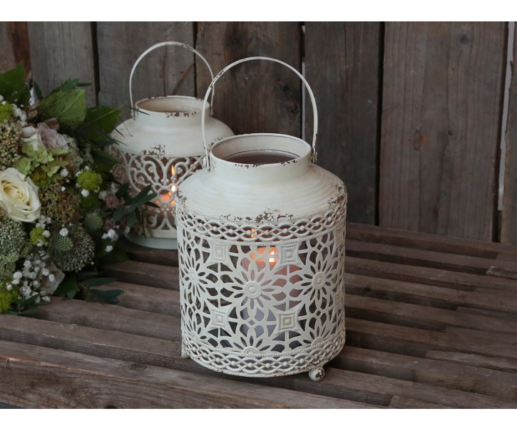 Krémová antik kovová lucerna Fleur-de-pot - Ø16*22cm Chic Antique