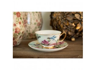 Porcelánový šálek s podšálkem s květy a ptáčky Pié - 12*10*6 cm / Ø 15*2 cm / 200 ml