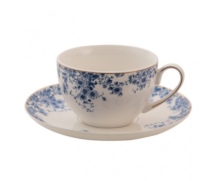 Porcelánový šálek s podšálkem s modrými květy Blue Flowers - 12*9*6 cm / Ø 15*2 cm / 220ml