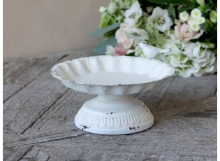 Krémové antik dekorační krmíko pro ptáčky se zdobným ptáčkem - 17*8cm