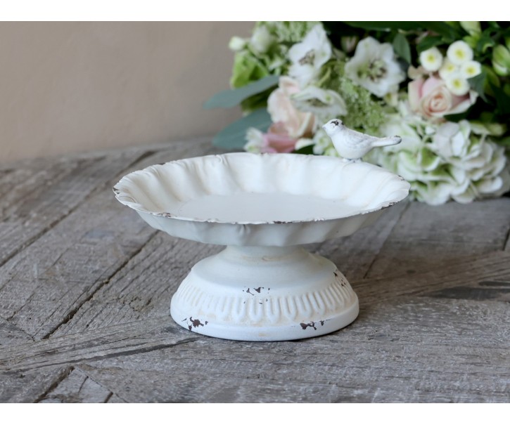 Krémové antik dekorační pítko pro ptáčky se zdobným ptáčkem - 17*8cm Chic Antique