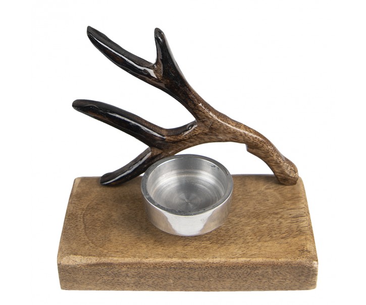 Hnědý dřevěný svícen na čajovou svíčku s parožím - 13*7*12 cm Clayre & Eef