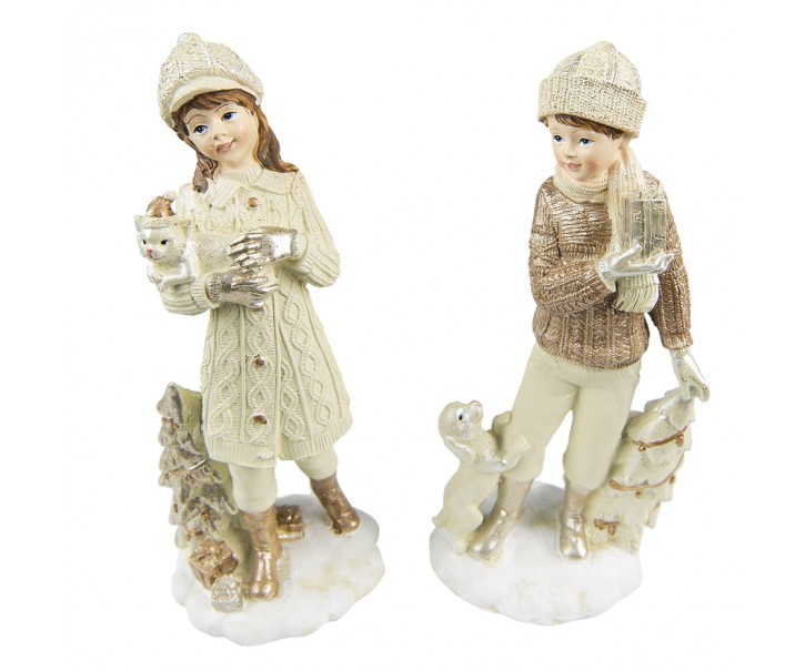 Vánoční dekorace chlapec a dívka s pejskem a kočičkou - 9*8*22 cm Clayre & Eef