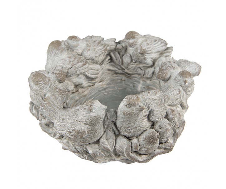 Šedý antik cementový dekorační květináč s ptáčky - Ø 27*12 cm Clayre & Eef