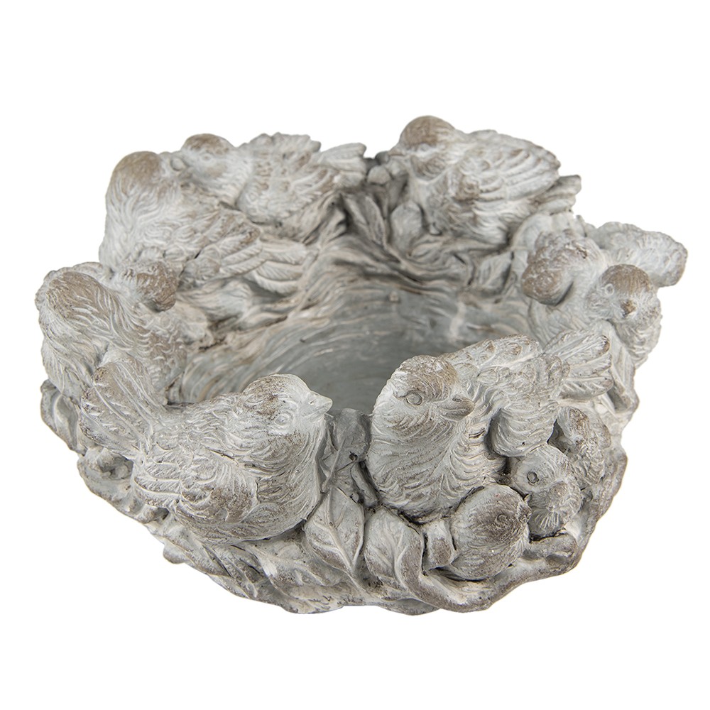 Šedý antik cementový dekorační květináč s ptáčky - Ø 27*12 cm