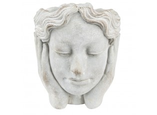 Šedý cementový květináč hlava dívky v dlaních M - 18*18*20 cm