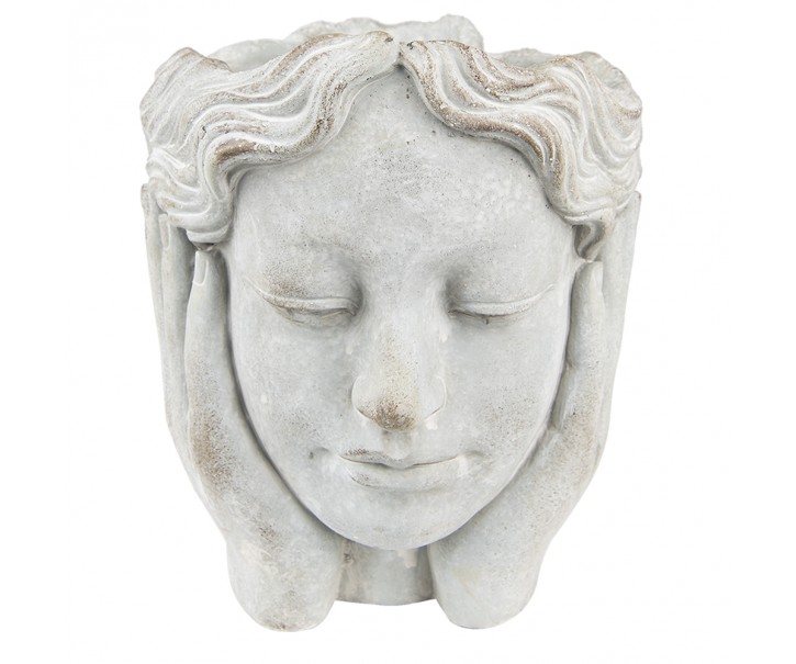 Šedý cementový květináč hlava dívky v dlaních M - 18*18*20 cm Clayre & Eef